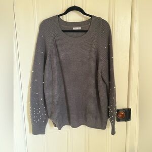 Dex Gray Knit Sweater with Embroidered Pearls